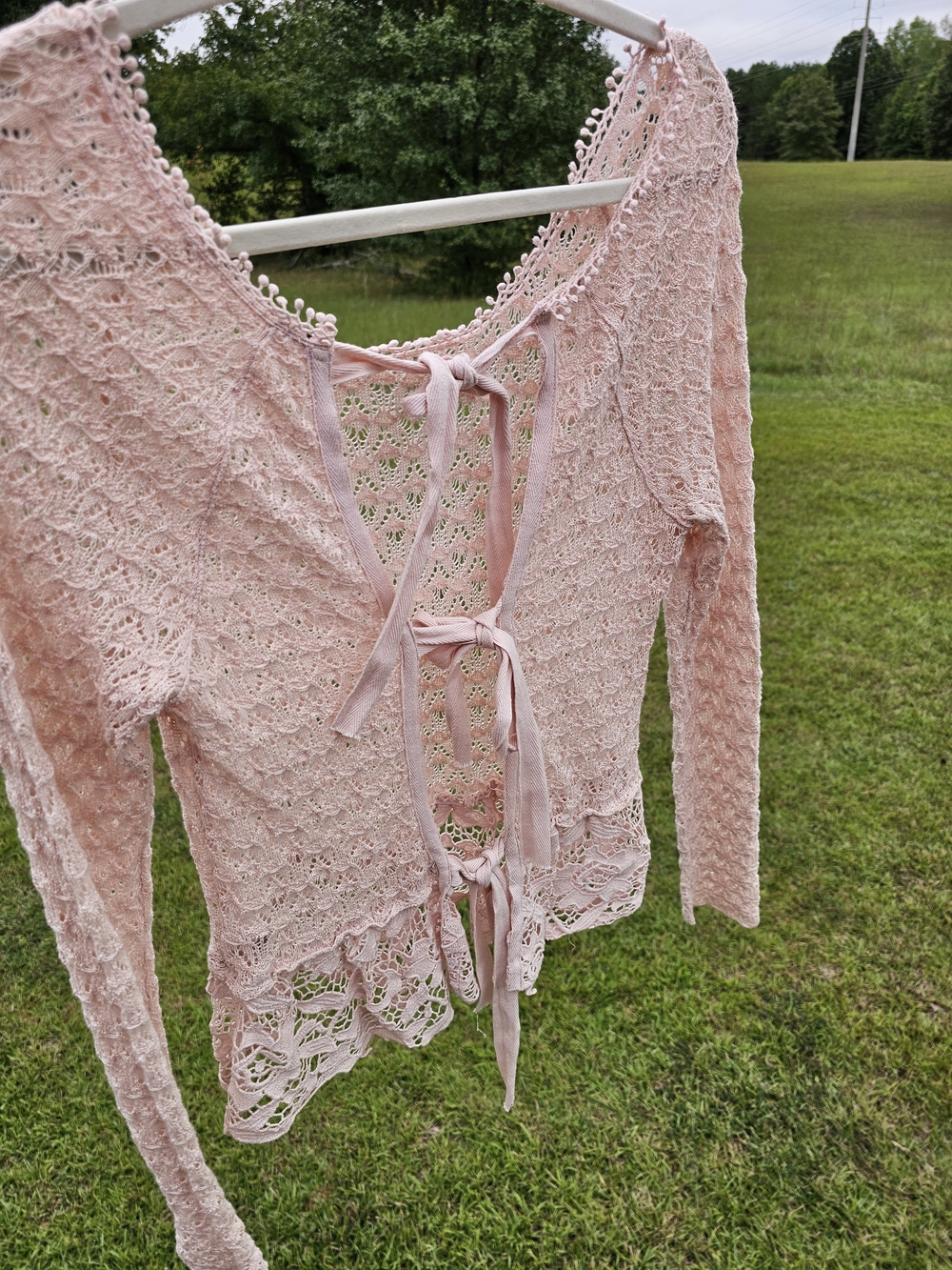 Free People Pink Crochet Floral Lace Long Sleeve Peplum Top with Corset Tie Back